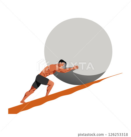 Man pushing large boulder uphill symbolizing effort and struggle vector illustration 126253318