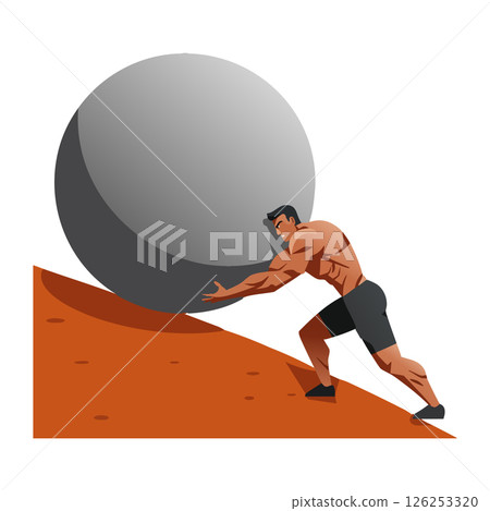 Muscular man pushing giant boulder uphill illustrating strength and determination concept 126253320