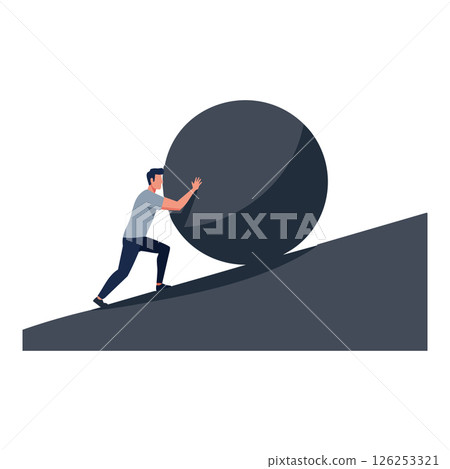 Man pushing large black boulder uphill symbolizing effort and perseverance vector illustration 126253321