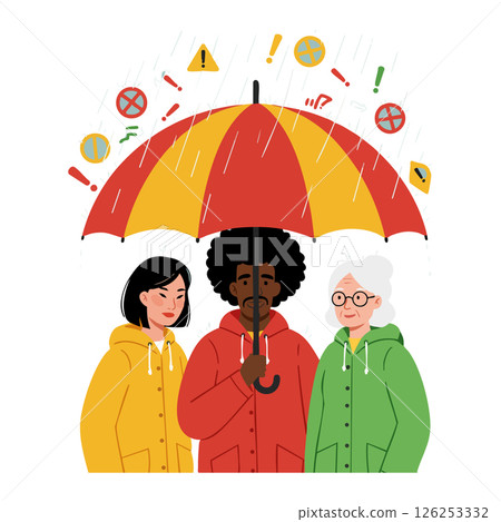 Diverse group under red and yellow umbrella protecting from rain and hazards vector illustration Diverse group under red and yellow umbrella protecting from rain and hazards vector illustration 126253332