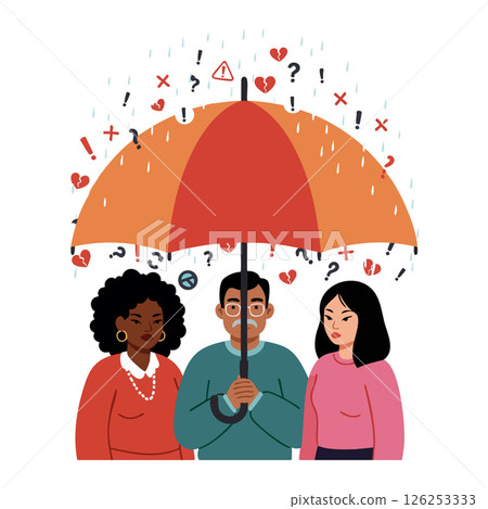 Diverse people under orange umbrella protecting from stress and conflict symbols vector illustration Diverse people under orange umbrella protecting from stress and conflict symbols vector illustration 126253333