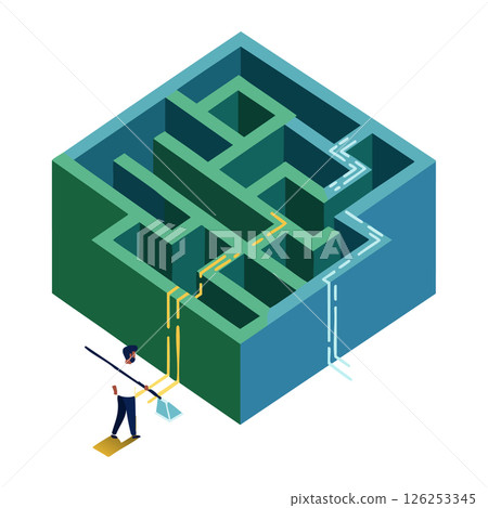 Isometric green and blue maze puzzle with person solving pathways vector illustration Isometric green and blue maze puzzle with person solving pathways vector illustration 126253345