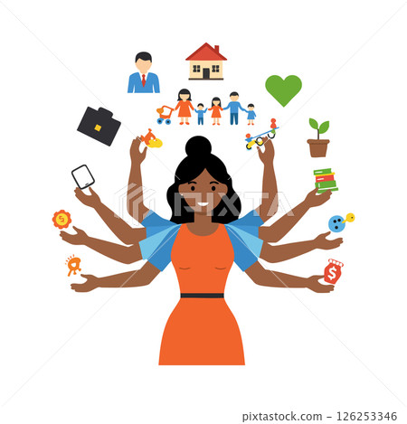 Multiarmed woman multitasking with family work and personal life balance vector illustration Multiarmed woman multitasking with family work and personal life balance vector illustration 126253346