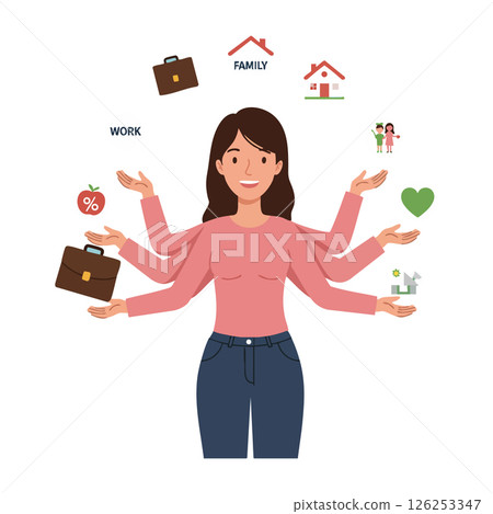 Multitasking Woman Balancing Work Family Home and Health Responsibilities Vector Illustration Multitasking Woman Balancing Work Family Home and Health Responsibilities Vector Illustration 126253347