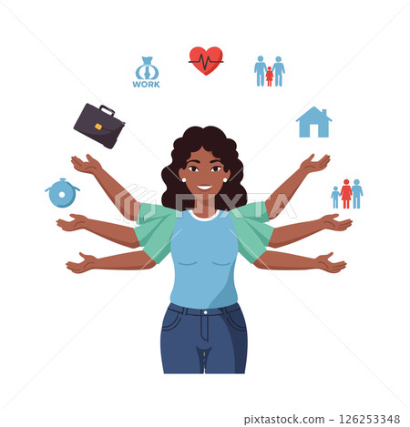 Multitasking woman balancing work family health home responsibilities vector illustration Multitasking woman balancing work family health home responsibilities vector illustration 126253348