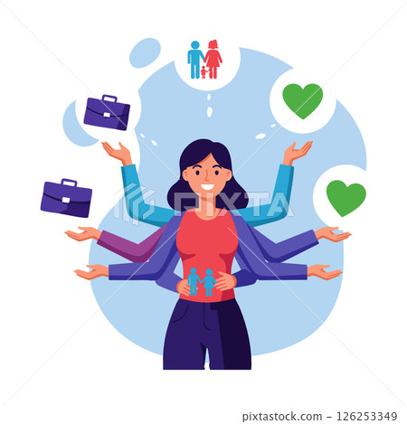 Multitasking woman balancing work life family and love icons in vector illustration Multitasking woman balancing work life family and love icons in vector illustration 126253349