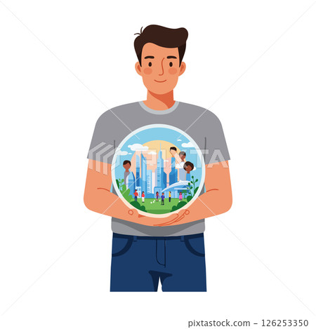 Man holding globe with diverse people and cityscape illustration in casual clothes vector Man holding globe with diverse people and cityscape illustration in casual clothes vector 126253350