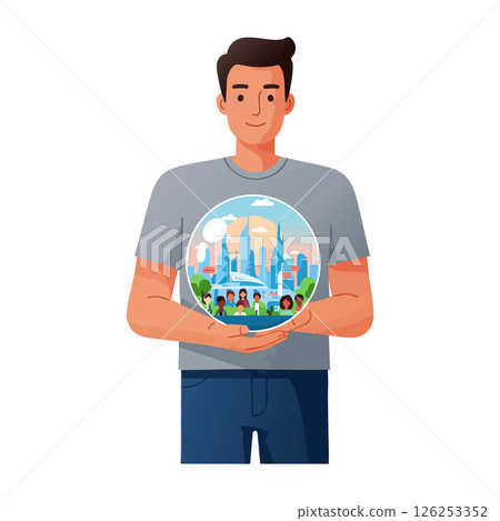 Man holding transparent globe with diverse people and modern city skyline vector illustration Man holding transparent globe with diverse people and modern city skyline vector illustration 126253352