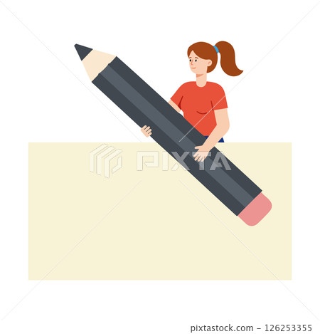 Woman holding giant black pencil with pink eraser near blank paper space vector illustration 126253355