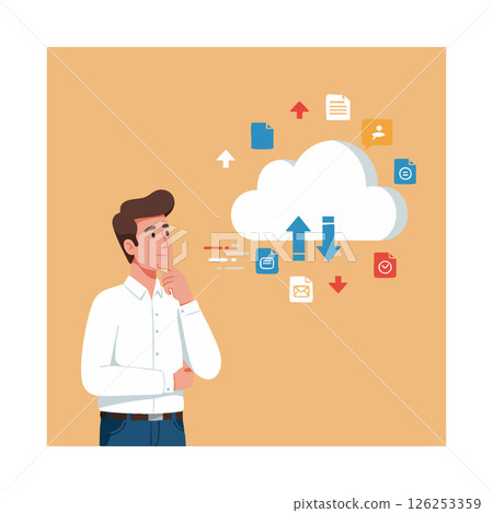 Man Thinking About Cloud Storage Technology Data Transfer and File Sharing Concept Man Thinking About Cloud Storage Technology Data Transfer and File Sharing Concept 126253359