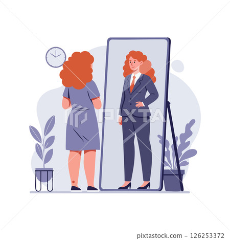 Woman looking at confident reflection in full length mirror with plants and clock vector illustration 126253372