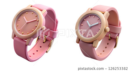 Pink wristwatch 3d illustration isolated on transparent background, feminine fashion accessory, trendy pastel watch 126253382
