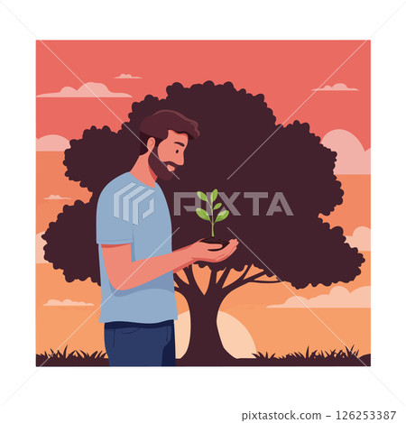 Man holding green seedling in front of large tree at sunset vector illustration Man holding green seedling in front of large tree at sunset vector illustration 126253387