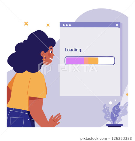Woman Watching Loading Progress Bar on Digital Screen with Purple and Orange Colors Vector Illustration Woman Watching Loading Progress Bar on Digital Screen with Purple and Orange Colors Vector Illustration 126253388