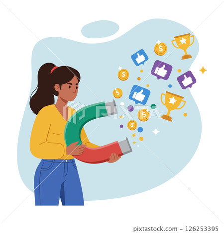 Woman Holding Magnet Attracting Social Media Likes Money And Awards Illustration 126253395