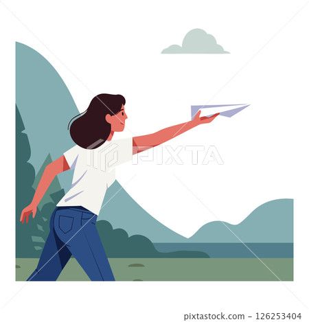 Woman throwing paper airplane outdoors near mountains and lake in nature scene Woman throwing paper airplane outdoors near mountains and lake in nature scene 126253404