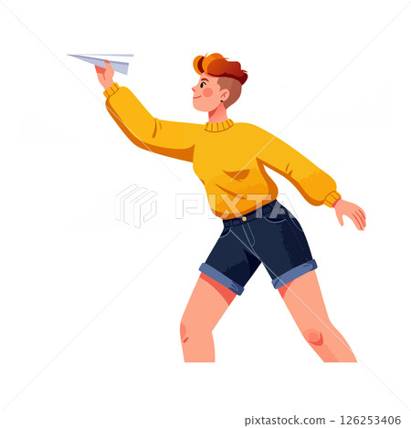 Boy throwing paper airplane in yellow sweater and blue shorts vector illustration 126253406