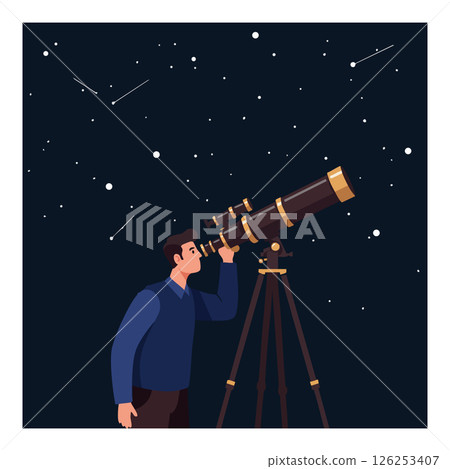 Man observing stars through telescope under night sky with constellations vector illustration 126253407