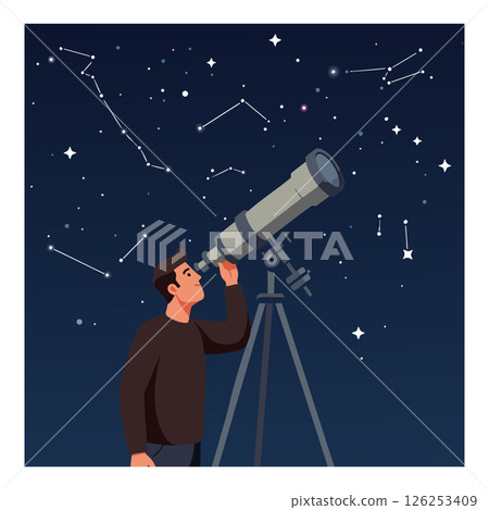 Man observing star constellations with telescope under night sky vector illustration 126253409