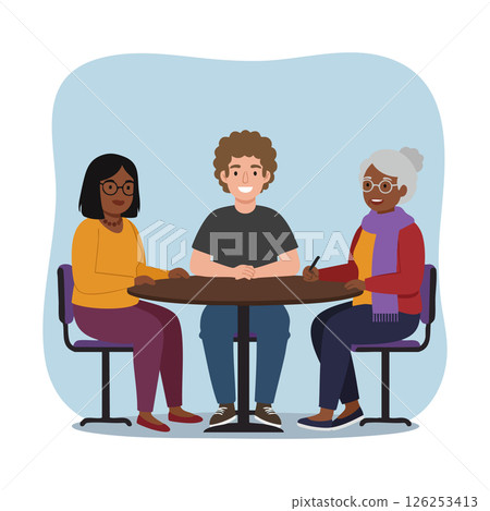 Diverse group of people sitting at round table in casual discussion vector illustration Diverse group of people sitting at round table in casual discussion vector illustration 126253413