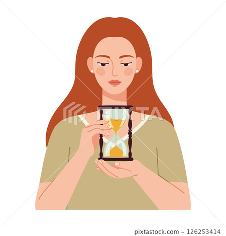 Woman holding hourglass symbolizing time management and patience in thoughtful pose 126253414