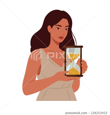 Woman holding hourglass measuring time patience and reflection vector illustration 126253415