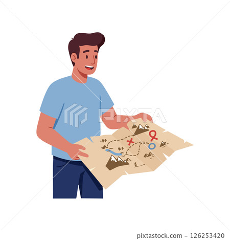 Man Exploring Adventure Map with Mountains and Markers Vector Illustration 126253420
