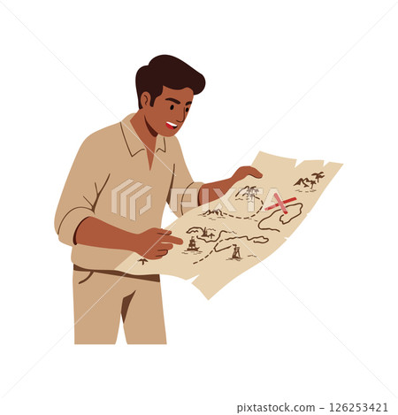Explorer analyzing treasure map with red X mark in adventure quest scene 126253421