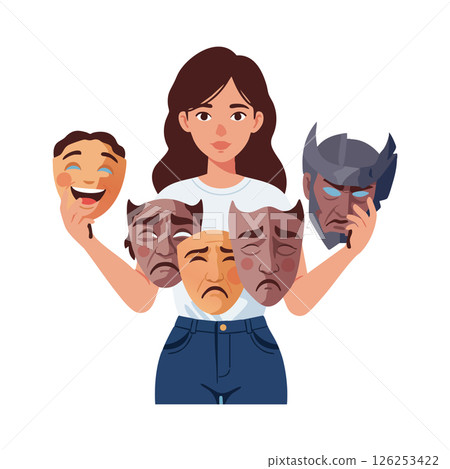 Woman holding multiple theatrical drama comedy tragedy masks vector illustration Woman holding multiple theatrical drama comedy tragedy masks vector illustration 126253422