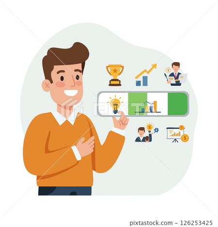 Businessman showing growth chart and trophy with business success icons vector illustration 126253425