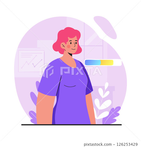 Woman with pink hair and purple shirt in office vector illustration Woman with pink hair and purple shirt in office vector illustration 126253429