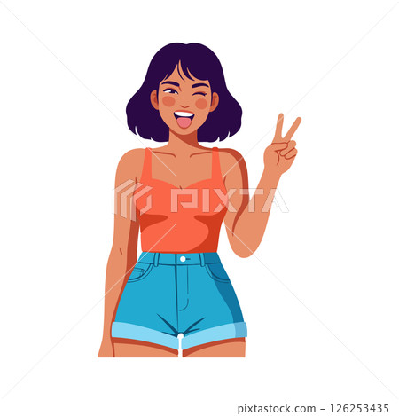 Young woman making peace sign smiling in casual summer outfit vector illustration 126253435