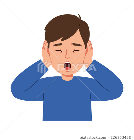 Child covering ears with hands in blue sweater expressing discomfort vector illustration Child covering ears with hands in blue sweater expressing discomfort vector illustration 126253438