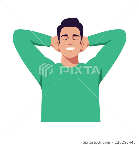 Relaxed young man in green sweater with hands behind head smiling contentedly vector illustration 126253443
