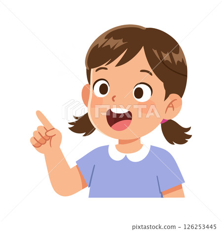 Girl with brown hair pointing finger in blue shirt vector illustration cheerful expression 126253445