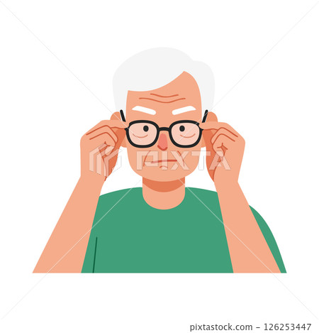 Elderly man adjusting glasses vector illustration with white hair and green shirt 126253447