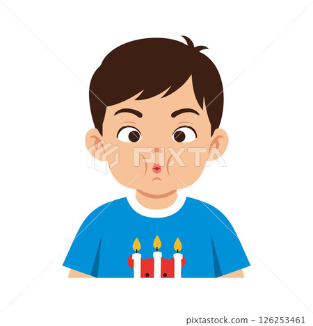 Boy blowing birthday candles on cake with blue shirt vector illustration Boy blowing birthday candles on cake with blue shirt vector illustration 126253461