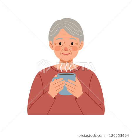 Elderly woman enjoying hot drink in warm sweater vector illustration 126253464