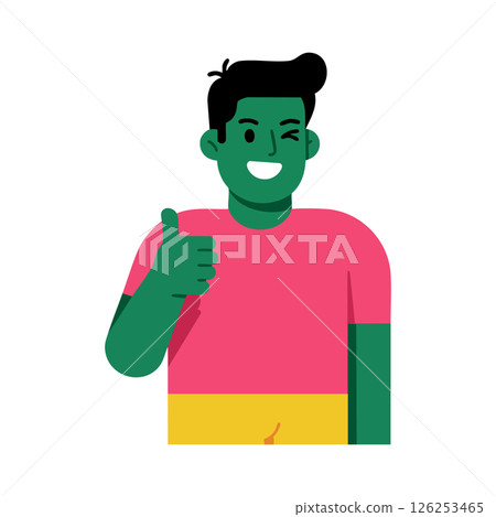 Young man giving thumb up gesture with winking face in colorful outfit vector illustration 126253465