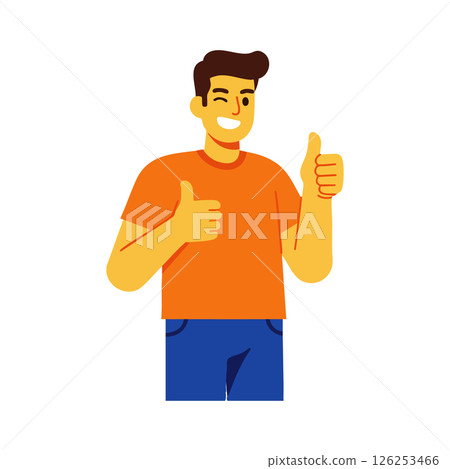 Young man giving thumbs up gesture in orange shirt and blue pants vector illustration Young man giving thumbs up gesture in orange shirt and blue pants vector illustration 126253466