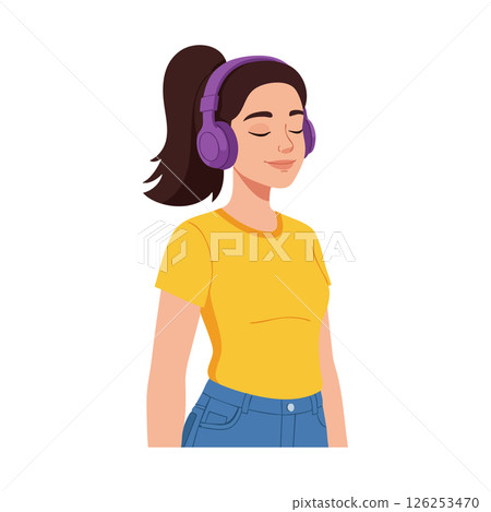 Young woman enjoying music with purple headphones yellow shirt and blue jeans vector illustration Young woman enjoying music with purple headphones yellow shirt and blue jeans vector illustration 126253470