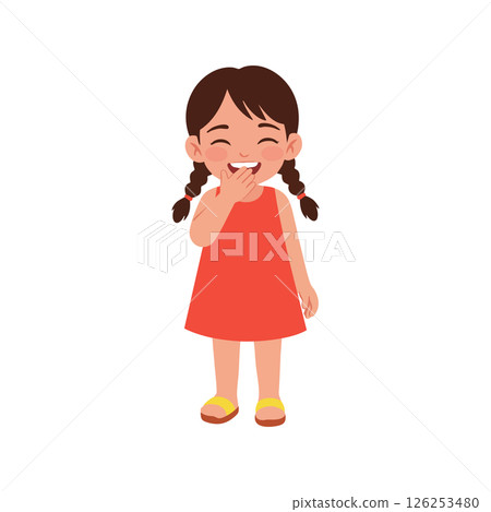 Little girl in red dress laughing with hand covering mouth cheerful expression vector illustration 126253480