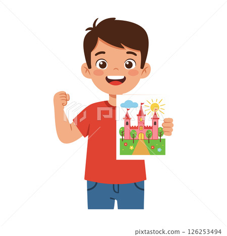 Boy holding colorful castle drawing with red shirt and blue jeans vector illustration Boy holding colorful castle drawing with red shirt and blue jeans vector illustration 126253494