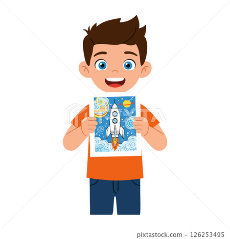Boy holding rocket spaceship drawing with stars and planets illustration in orange shirt and blue pants Boy holding rocket spaceship drawing with stars and planets illustration in orange shirt and blue pants 126253495