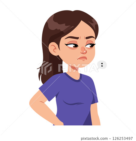 Young Woman Wearing Purple Shirt with Displeased Expression Vector Illustration 126253497