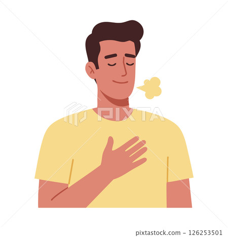 Man Taking Deep Breath Relaxing with Closed Eyes in Yellow Shirt Vector Illustration Man Taking Deep Breath Relaxing with Closed Eyes in Yellow Shirt Vector Illustration 126253501