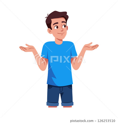 Young man shrugging shoulders in casual blue outfit vector illustration 126253510
