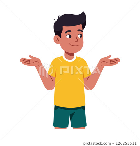 Boy in yellow t-shirt shrugging with open palms vector illustration casual pose Boy in yellow t-shirt shrugging with open palms vector illustration casual pose 126253511