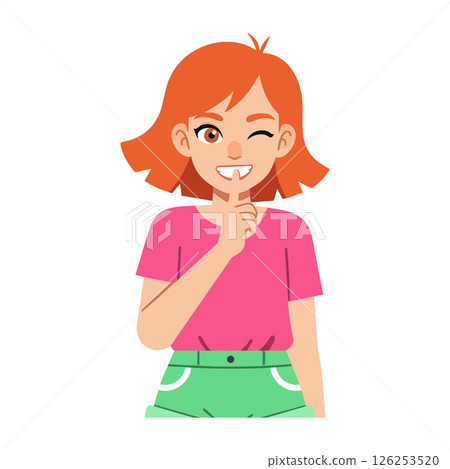 Redhead girl winking and smiling wearing pink shirt and green shorts vector illustration 126253520