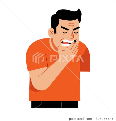 Man Wearing Orange Shirt Covering Mouth Yawning Tired Expression Vector Illustration 126253523
